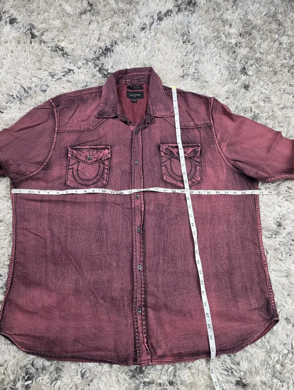 True Religion Western Shirt Mens 3XL Slim Maroon Burgundy Denim Long Sleeve